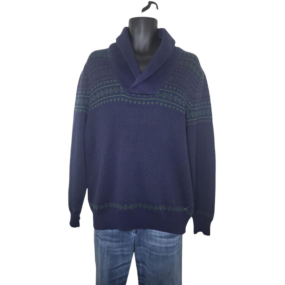 Vintage Nautica‎ Mens Size L Shawl Collar Blue Green Fair Isle Knit Sweater Top